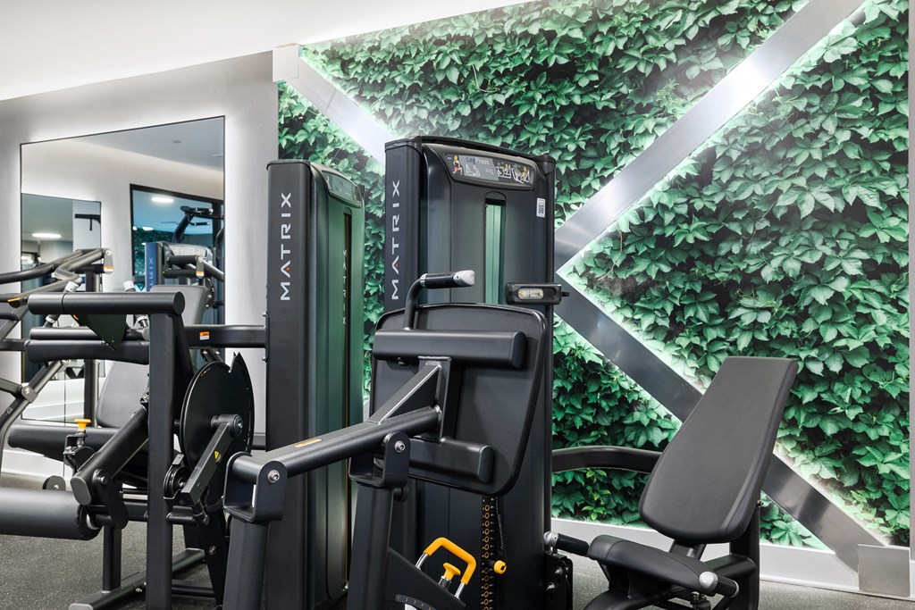 a wall of green plants and exercise equipment in a gym at The Ivy, Chatham, NJ 07928
