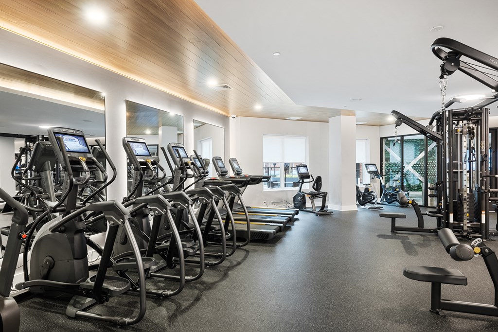 a large fitness room filled with cardio equipment and weights at The Ivy, New Jersey, 07928