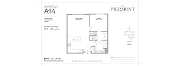 A floor plan for a residence labeled A14 shows a bedroom, bathroom, kitchen, and living room.