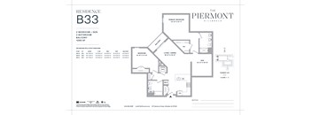 A floor plan for a residence labeled B33 shows a layout with a primary bedroom, two bathrooms, a den, a living/dining area, a kitchen, a balcony, and a garage.