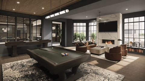 A pool table is in the middle of a room with a fireplace and a TV.