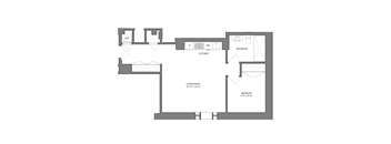 A floor plan of a house with a living room, kitchen, and two bedrooms.