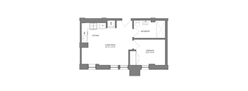 A floor plan of a small apartment with a living room, kitchen, and bathroom.