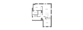 A floor plan of a house with a living room, dining room, kitchen, and two bathrooms.