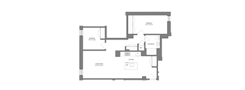 A floor plan of a house with a living room, kitchen, two bedrooms, a bathroom, and a workspace.