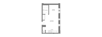 A floor plan of a small apartment with a living room, kitchen, and two bedrooms.