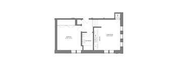 A floor plan of a small apartment with a bedroom, living room, and bathroom.