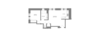 A floor plan of a house with a bedroom, bathroom, living room, and kitchen.