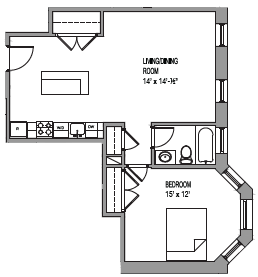 a floor plan of a small house with a bedroom and a living room
