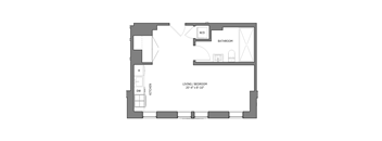 A floor plan of a small apartment with a living room, kitchen, and bathroom.