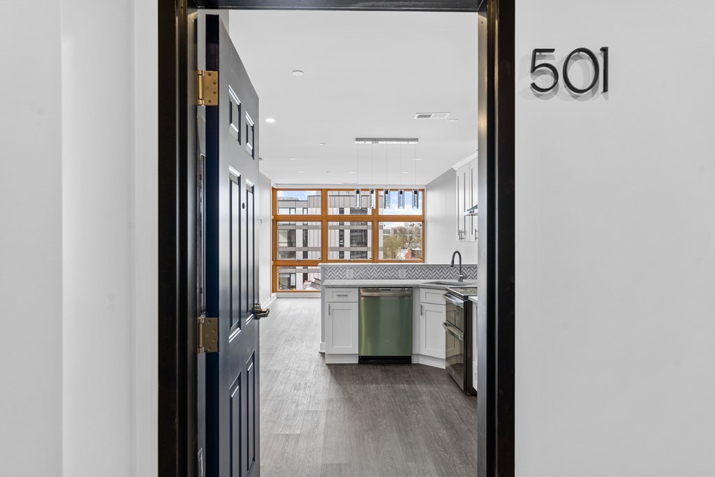 A view into apartment 501 showing a kitchen and living room.