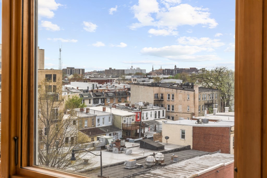 A view of a city from a window.