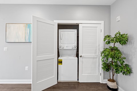 A white refrigerator is in a kitchen with a plant on the floor.