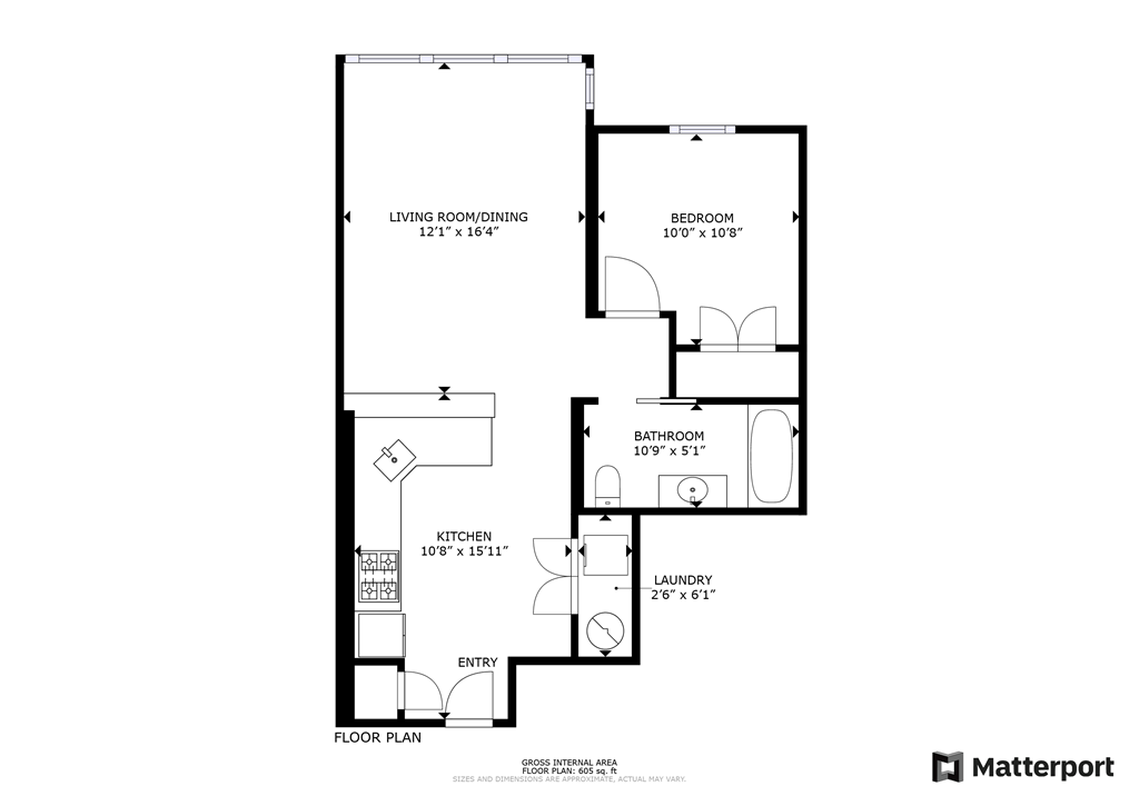 A floor plan for a home with a living room, dining room, kitchen, laundry, and bathroom.