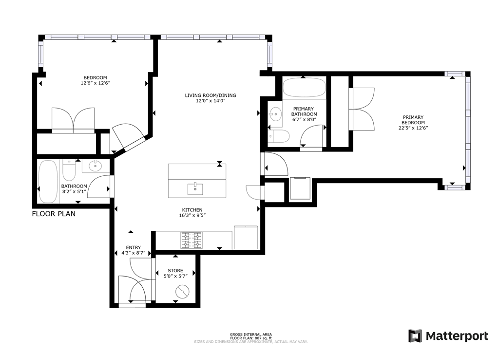 A floor plan of a house with a living room, dining room, kitchen, and two bedrooms.