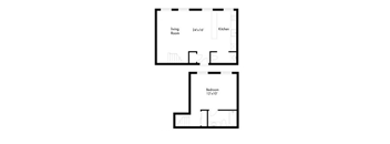 an image of a floor plan of a living room and a kitchen