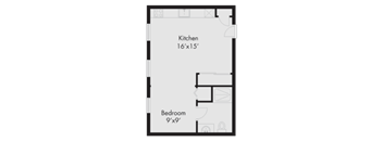 floor plan of a small apartment with a kitchen and a living room