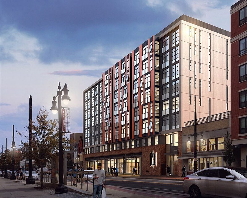 a rendering of a large building on a city street