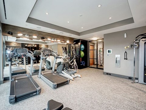 A spacious gym with treadmills, weights, and exercise equipment. A spacious gym with treadmills, weights, and exercise equipment at Coda on H Apartments, Washington, DC