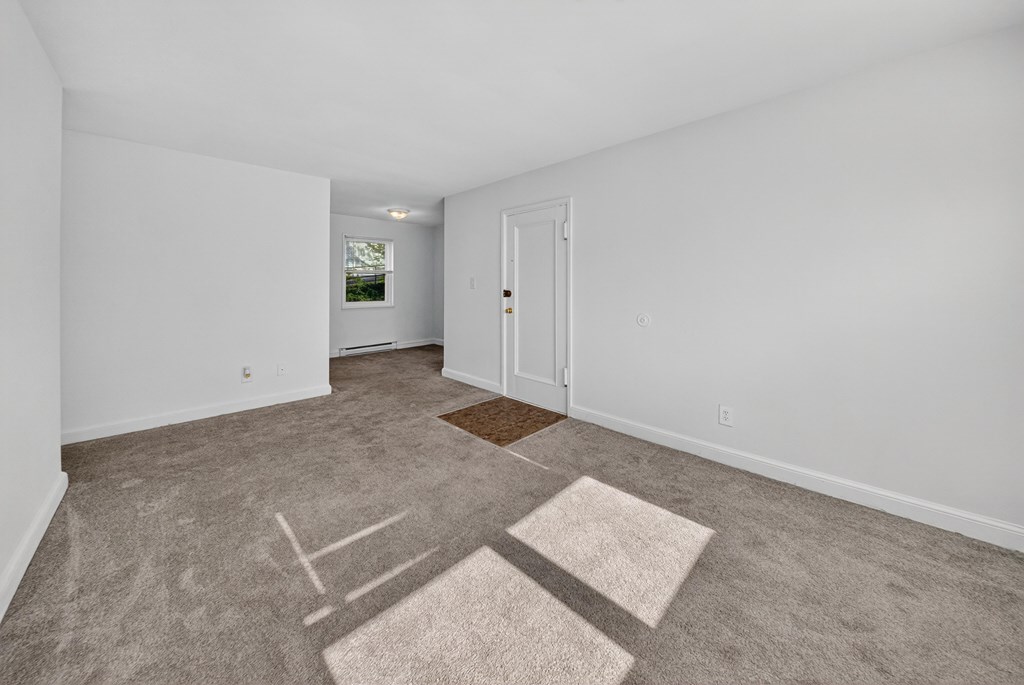 A room with a carpet and a door.