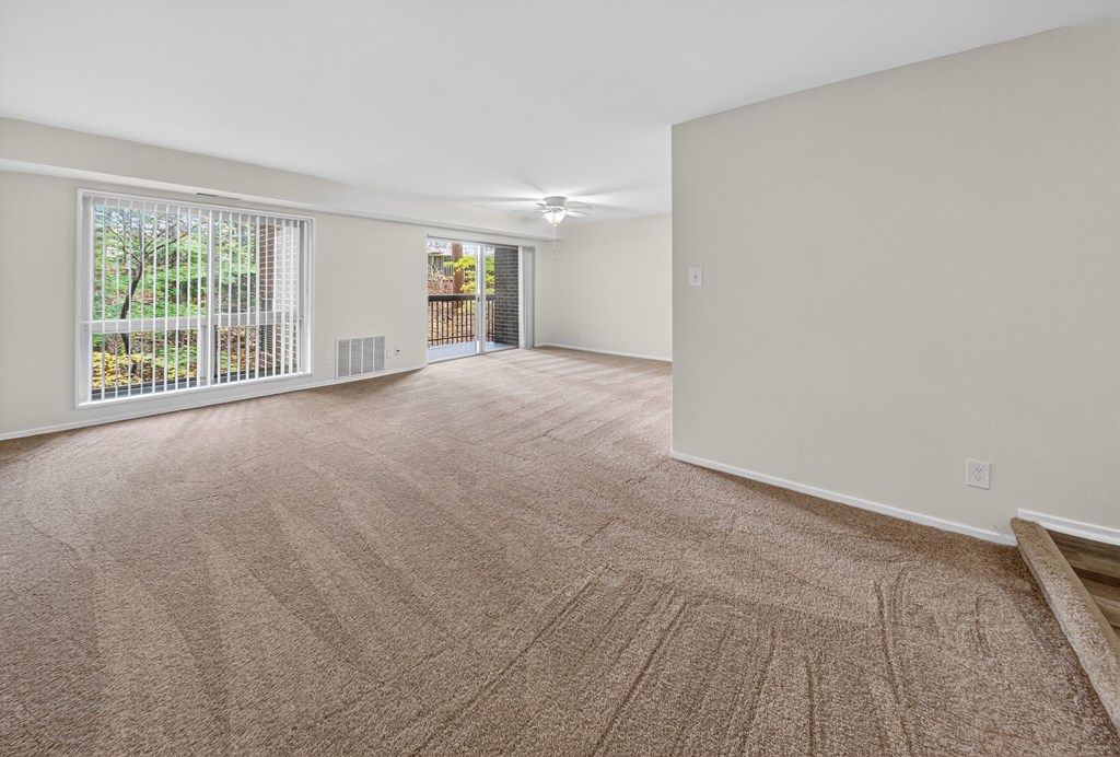 A large, empty room with a carpeted floor and a window with blinds.