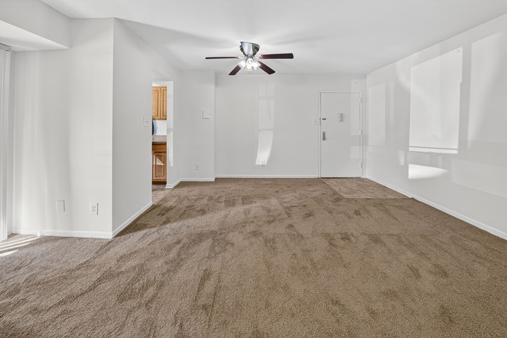 A spacious room with a ceiling fan and carpeted floor.