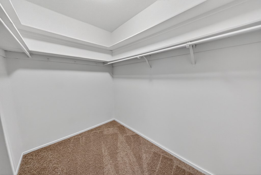 A white room with a brown carpet.