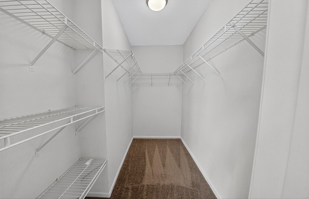 Empty white refrigerator with brown carpet on the floor.