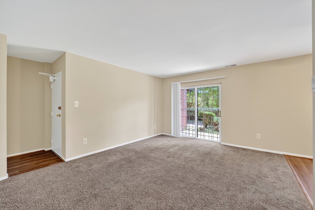 A room with a carpeted floor and a sliding glass door leading to a garden.