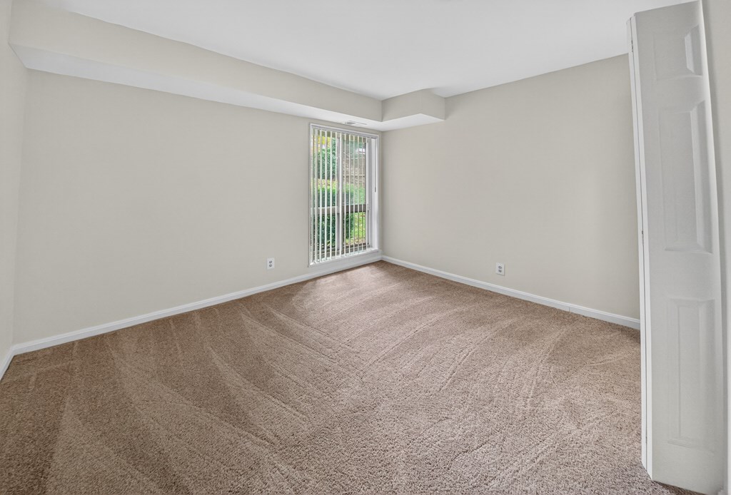 A room with a carpeted floor and a window.