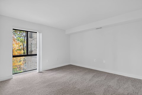 A room with a carpeted floor and a window with a view of trees outside.