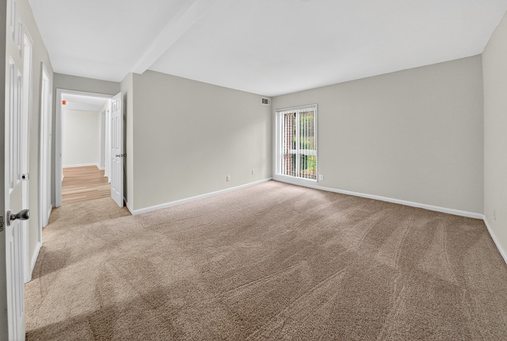 A room with a carpeted floor and a window with blinds.