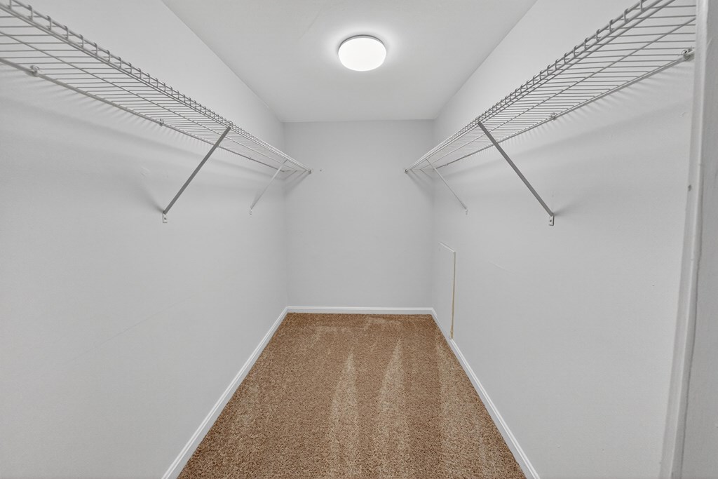 Empty walk-in closet with carpeted floor and metal racks.
