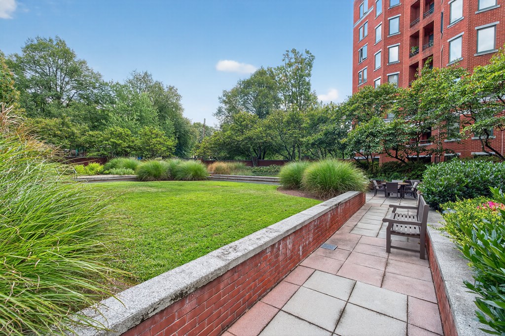 A brick wall separates a patio from a grassy area.