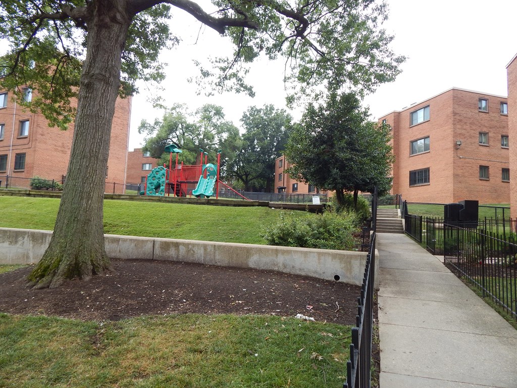 A tree in a grassy area in front of a brick building.