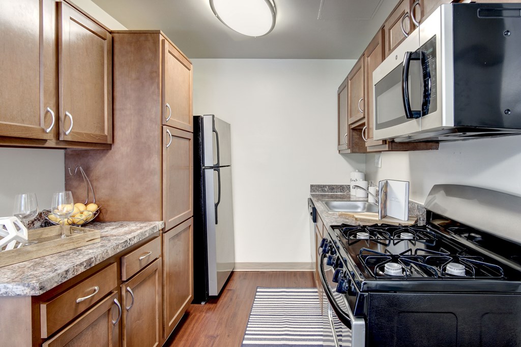 A kitchen with a black refrigerator and a black stove.