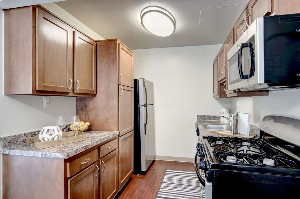 A kitchen with a black refrigerator and a black stove top oven.