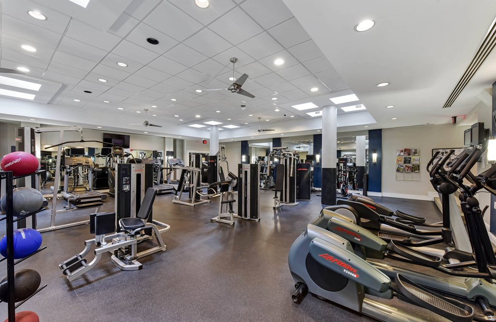 A gym with a variety of exercise equipment.
