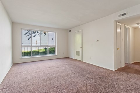 A room with a carpeted floor and a window with a view of a fence and trees.