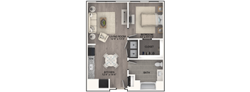 A floor plan of a small apartment with a living room, kitchen, bathroom, and bedroom.