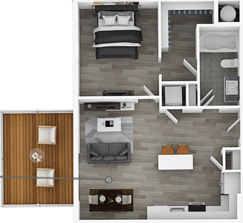 A top-down view of a modern apartment with a bedroom, living room, and kitchen.