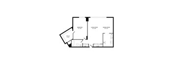 A floor plan of a house with a bedroom, living room, and dining room.