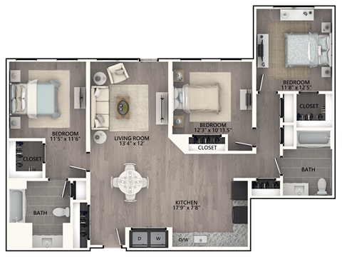A detailed floor plan of a house showing the layout of the bedrooms, bathrooms, living room, kitchen, and closets.