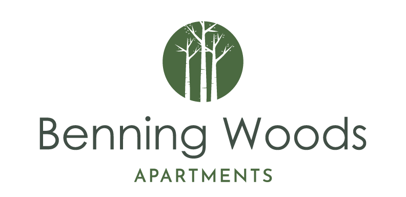 a logo for bening woods apartments with a tree on a green background