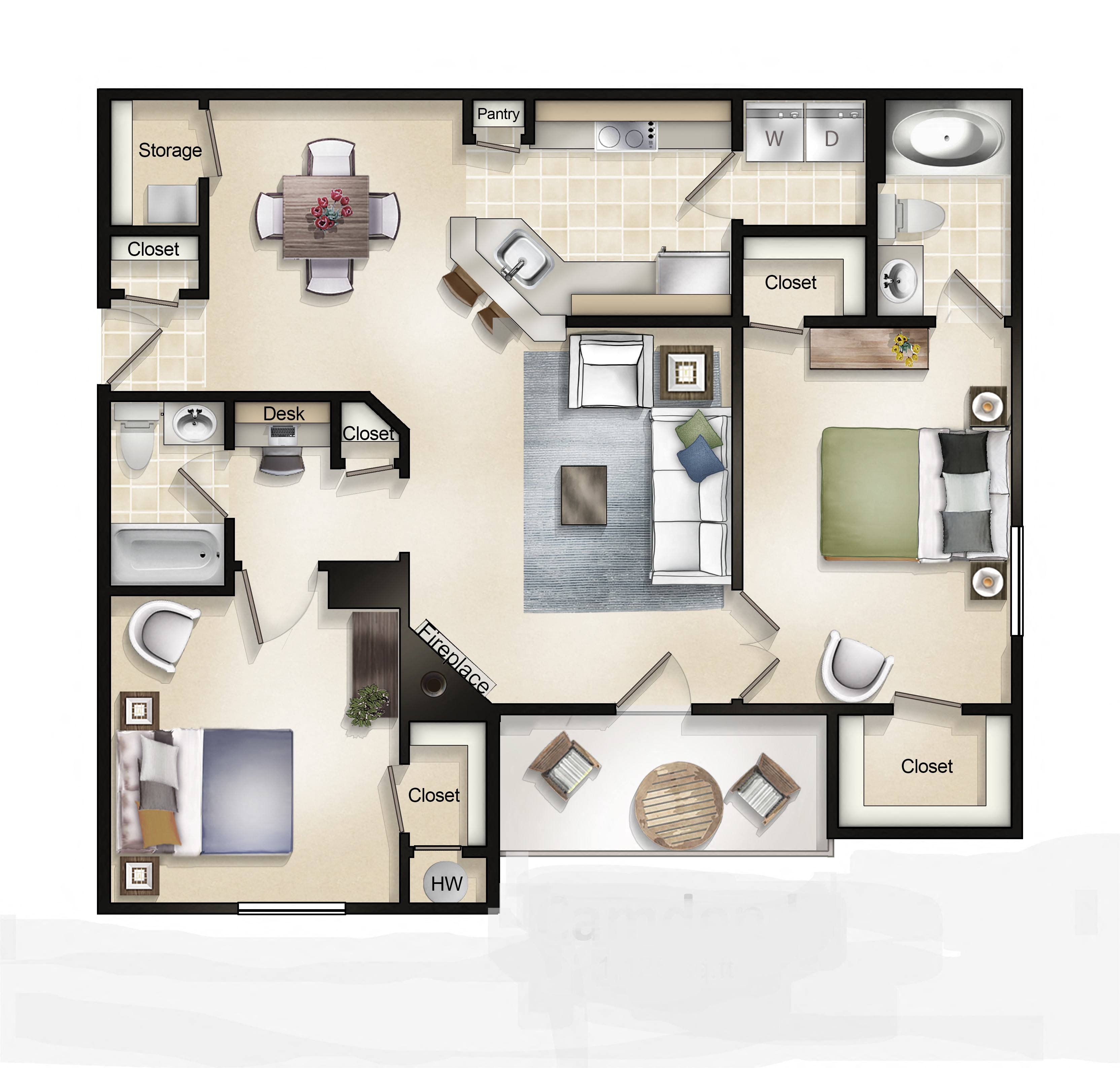 Camden I (2 Bed / 2 Bath / Balcony or Patio) Floor Plan at Brittany Commons Apartments, Spotsylvania, 22553