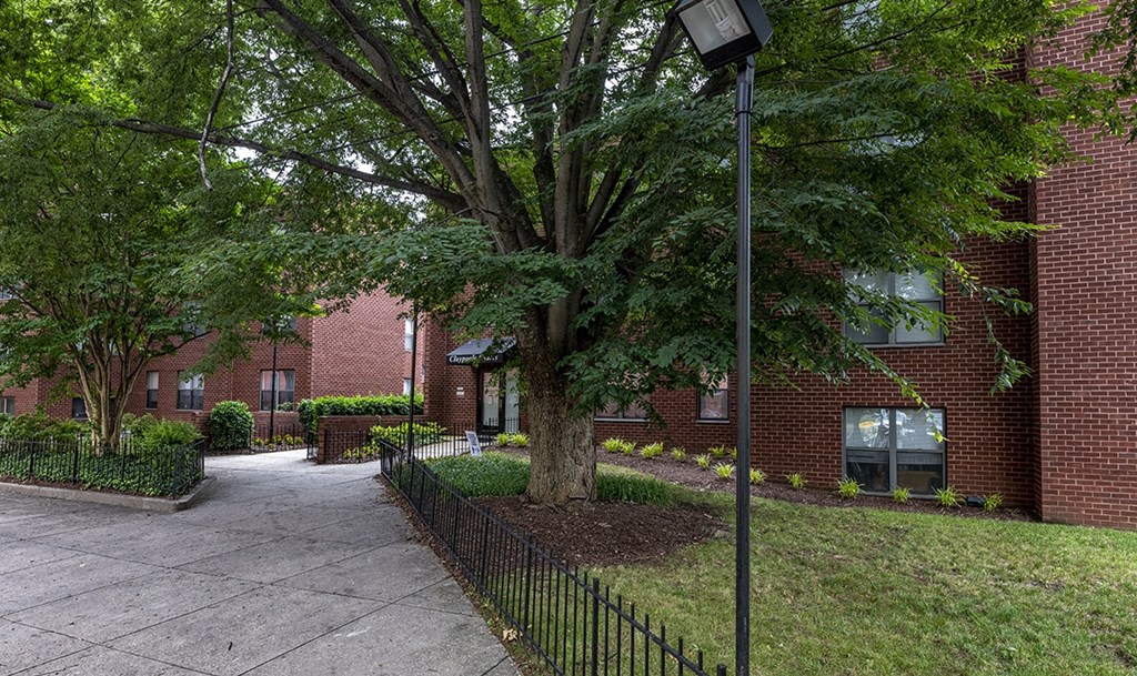 a sidewalk in front of a brick building with a tree