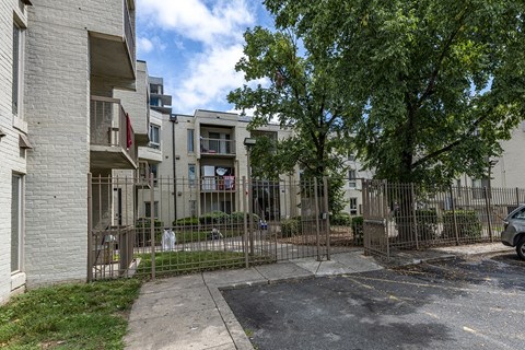 the yard of an apartment building with a yard behind a fence