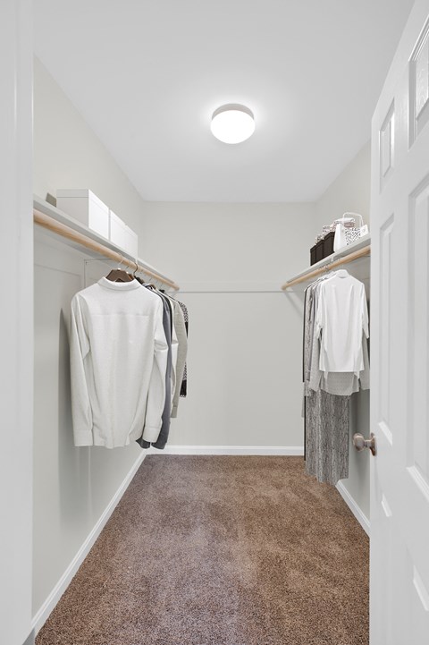 a walk in closet in a home with a carpeted floor and white clothes hanging