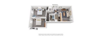 a stylized 3d floor plan with a bedroom and a living room