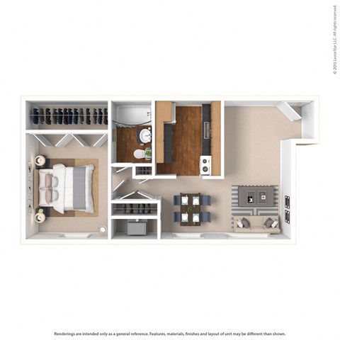 a stylized floor plan with a bedroom and a living room